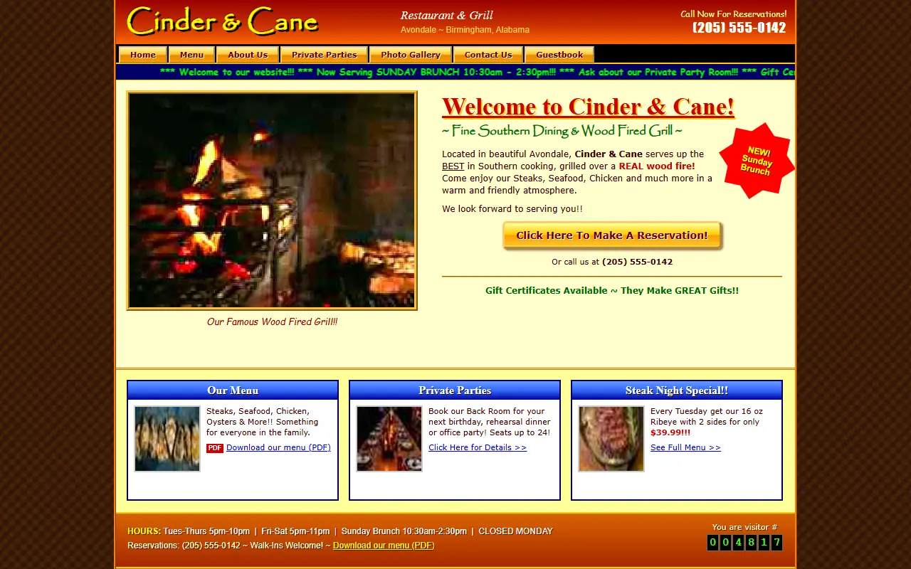 Before (demo): a dated restaurant homepage with clashing colors, small text and a blurry photo.